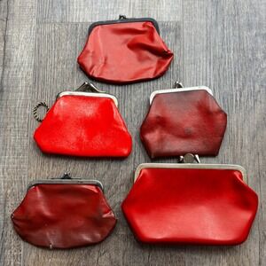 Vintage Red Leather Coin Purse Lot 5pc Koret Kiss Lock Clasp Change Pouches